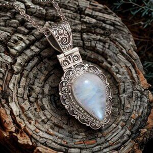 Necklace Boho Rainbow Moonstone Antique Silver Color Inverted Teardrop Pendant